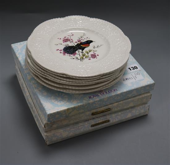 Ten Royal Doulton Valentine plates, boxed and a set of eight Royal Cauldon ornithological plates